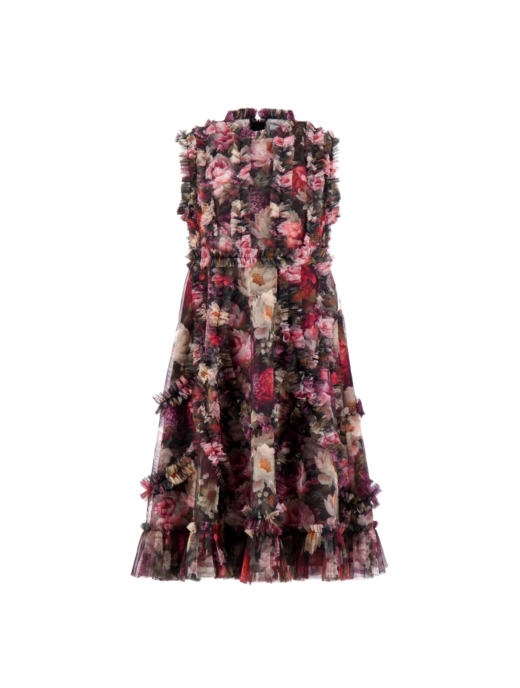 Girls Black Floral High Neck Ruffle Dress