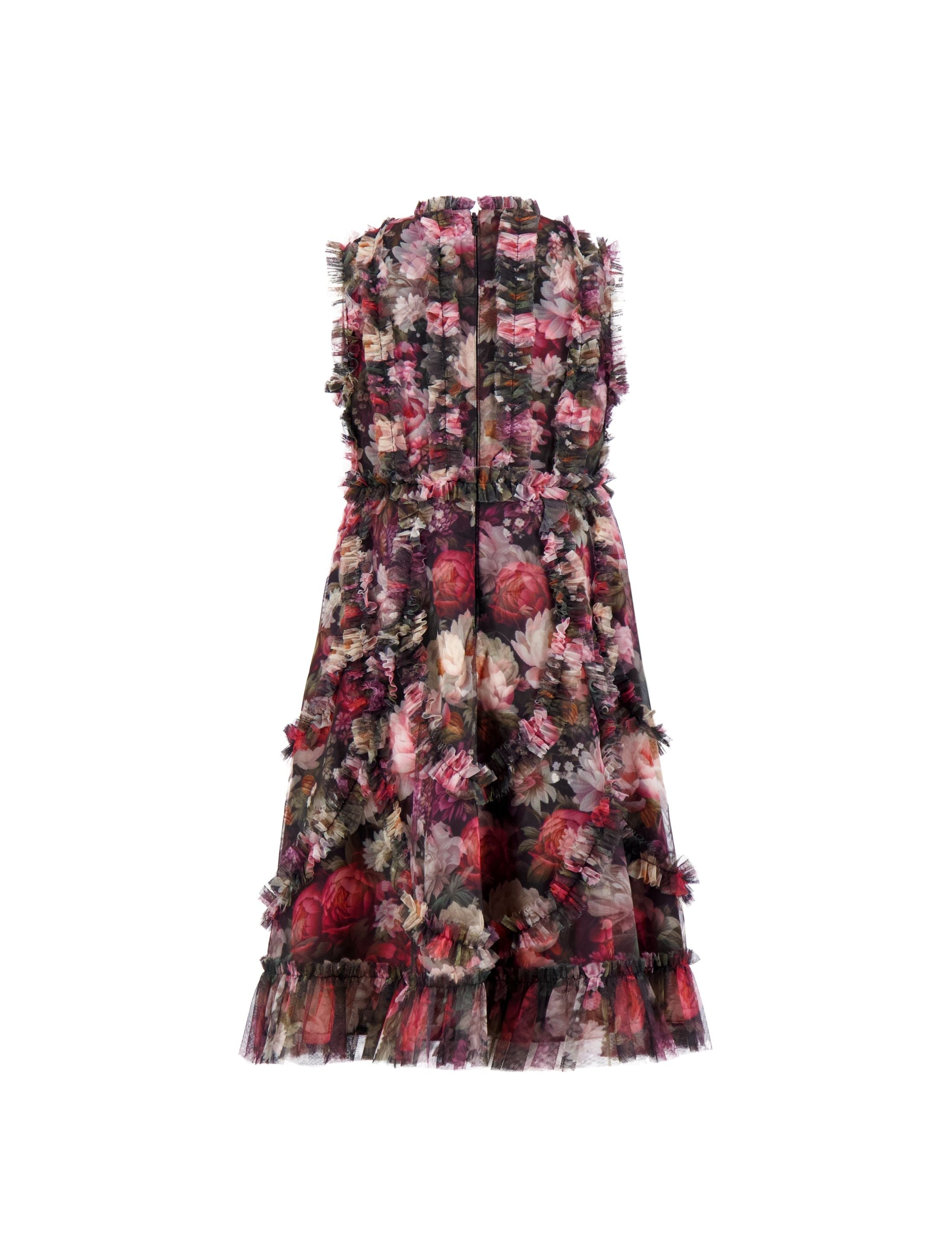 Girls Black Floral High Neck Ruffle Dress