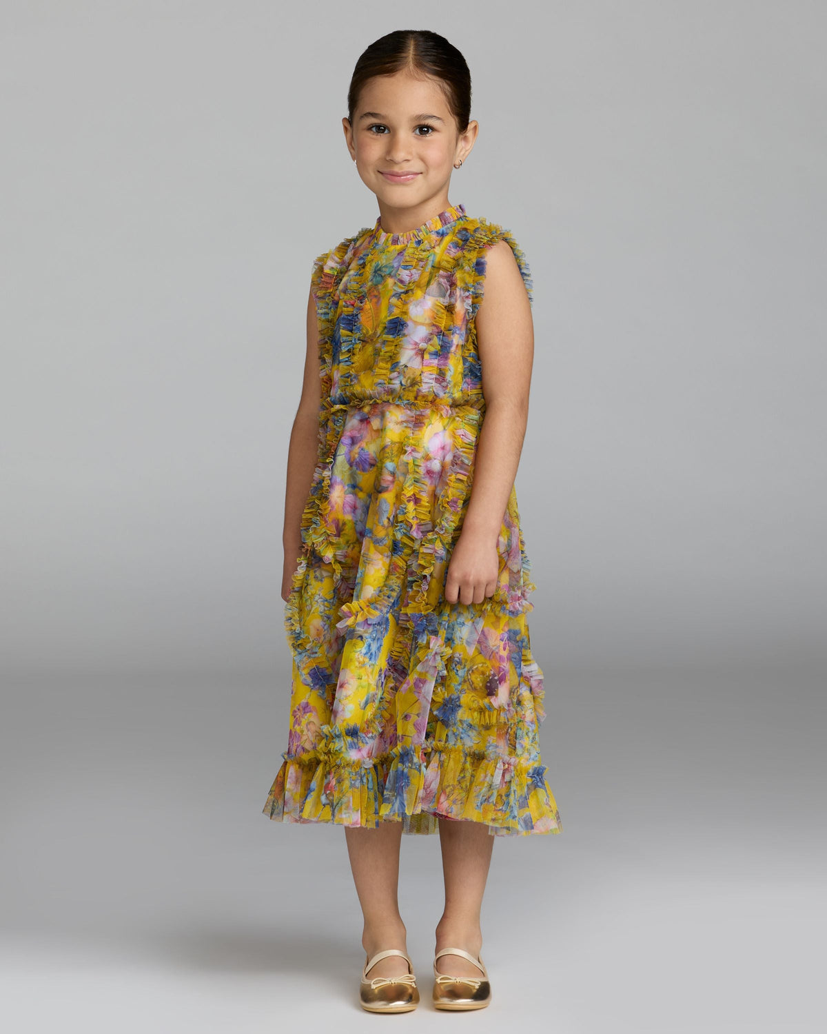 Girls Yellow Floral High Neck Ruffle Dress