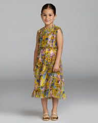 Girls Yellow Floral High Neck Ruffle Dress