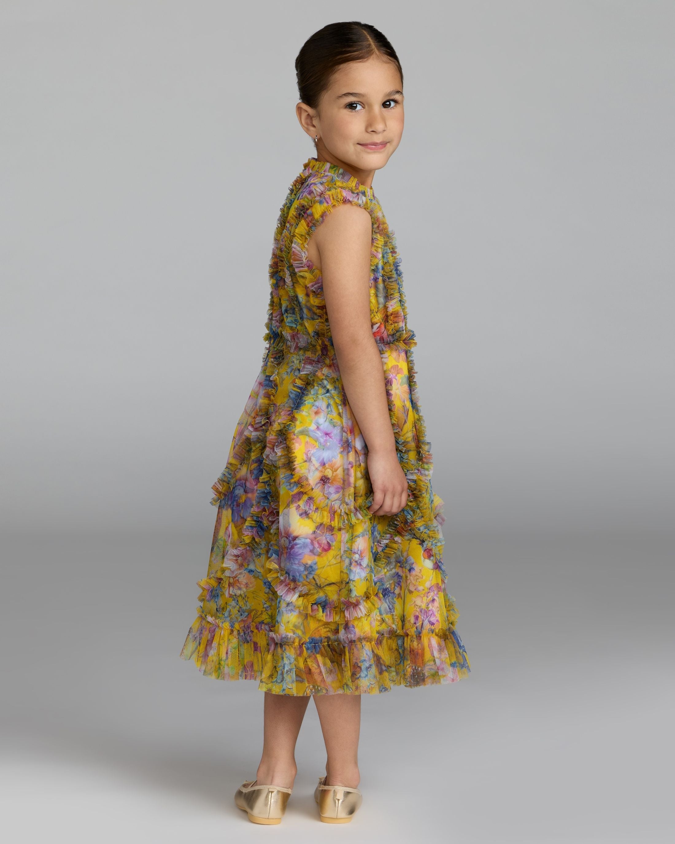 Girls Yellow Floral High Neck Ruffle Dress