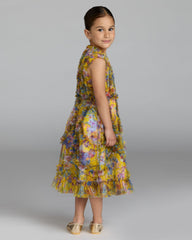 Girls Yellow Floral High Neck Ruffle Dress