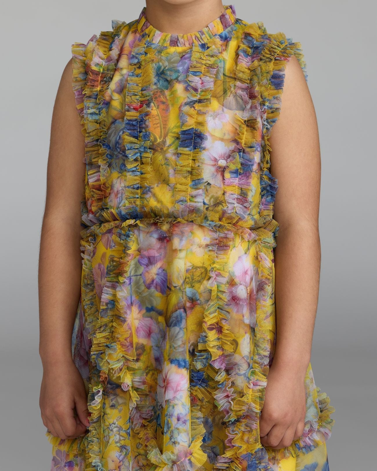 Girls Yellow Floral High Neck Ruffle Dress