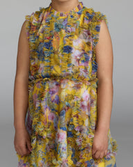 Girls Yellow Floral High Neck Ruffle Dress