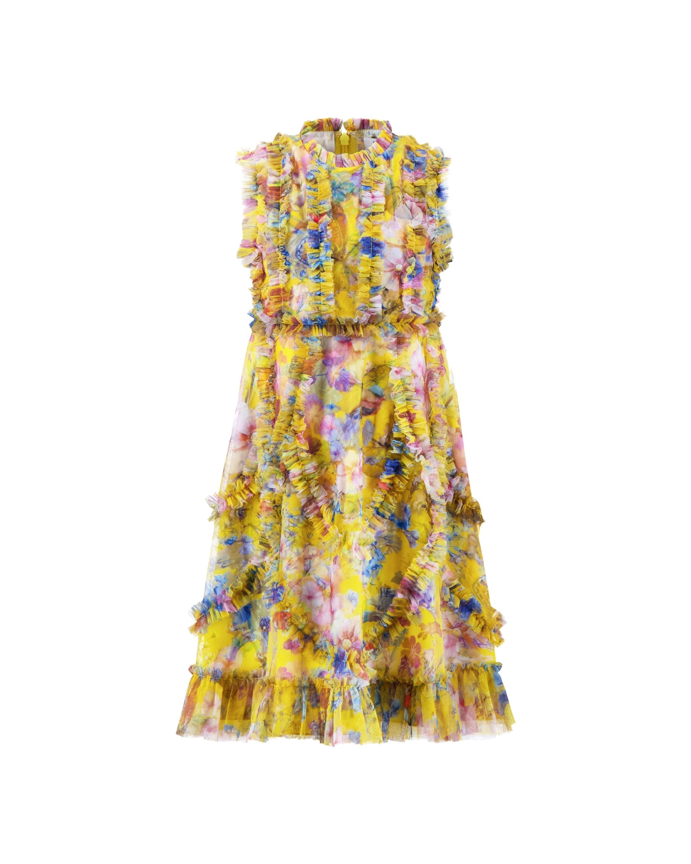 Girls Yellow Floral High Neck Ruffle Dress