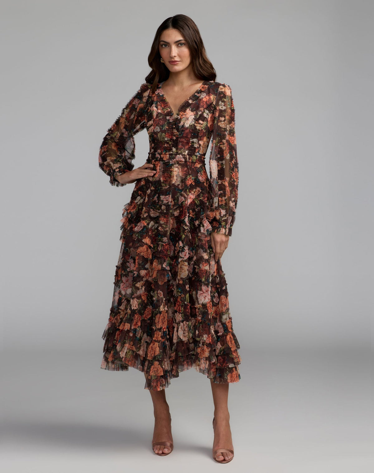 Floral Long Sleeve Mirco Ruffle Midi Dress