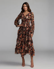 Floral Long Sleeve Mirco Ruffle Midi Dress