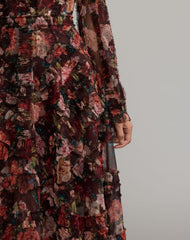 Floral Long Sleeve Mirco Ruffle Midi Dress