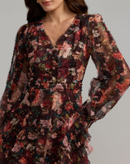 Floral Long Sleeve Mirco Ruffle Midi Dress