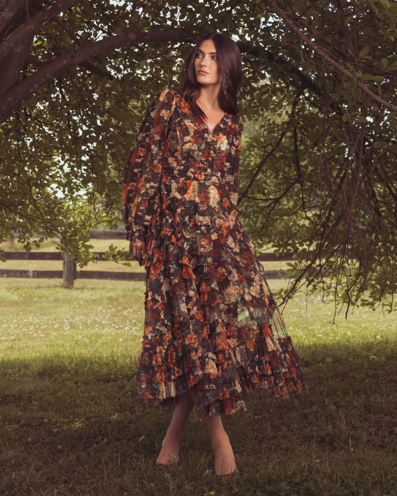 Floral Long Sleeve Mirco Ruffle Midi Dress