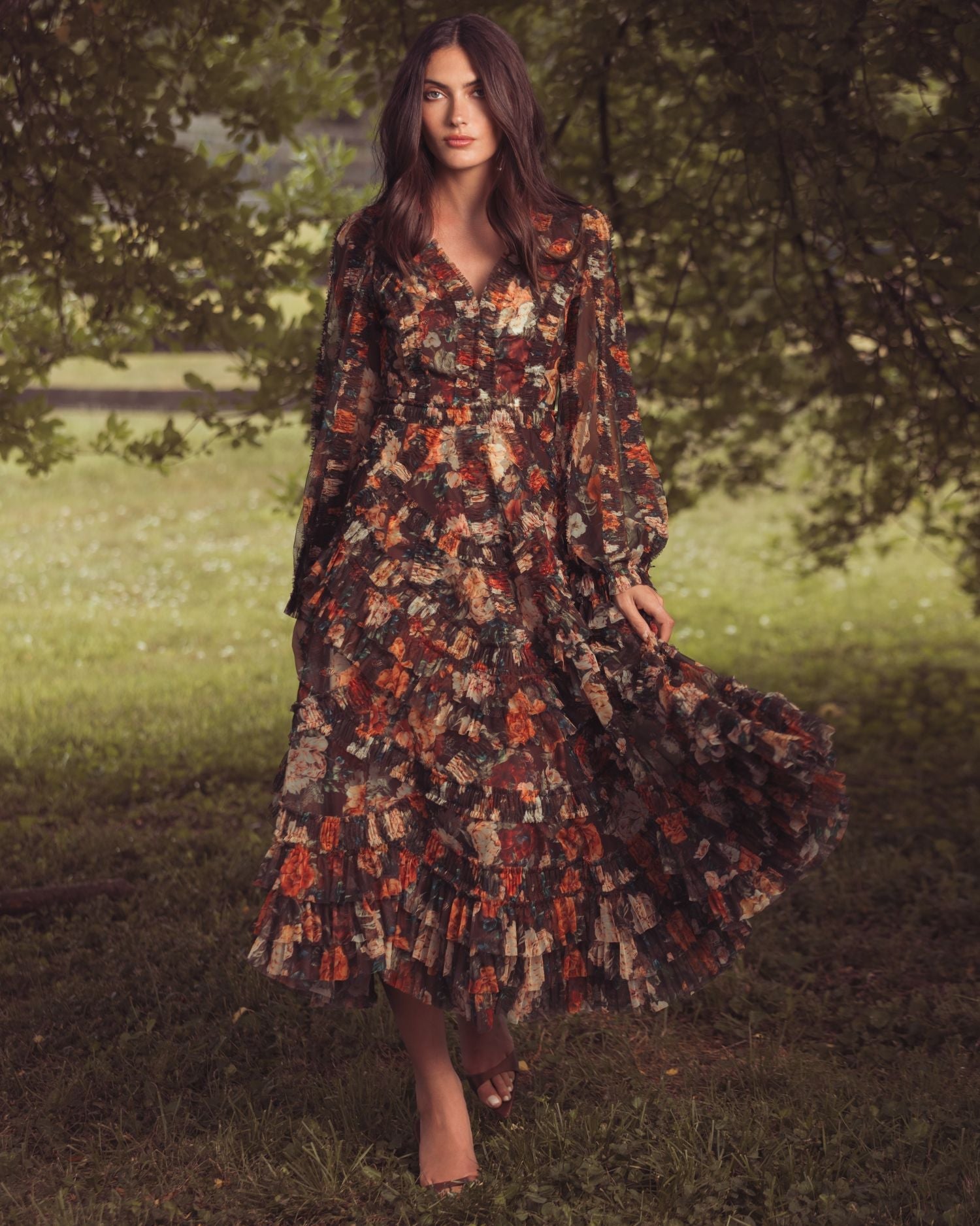 Floral Long Sleeve Mirco Ruffle Midi Dress