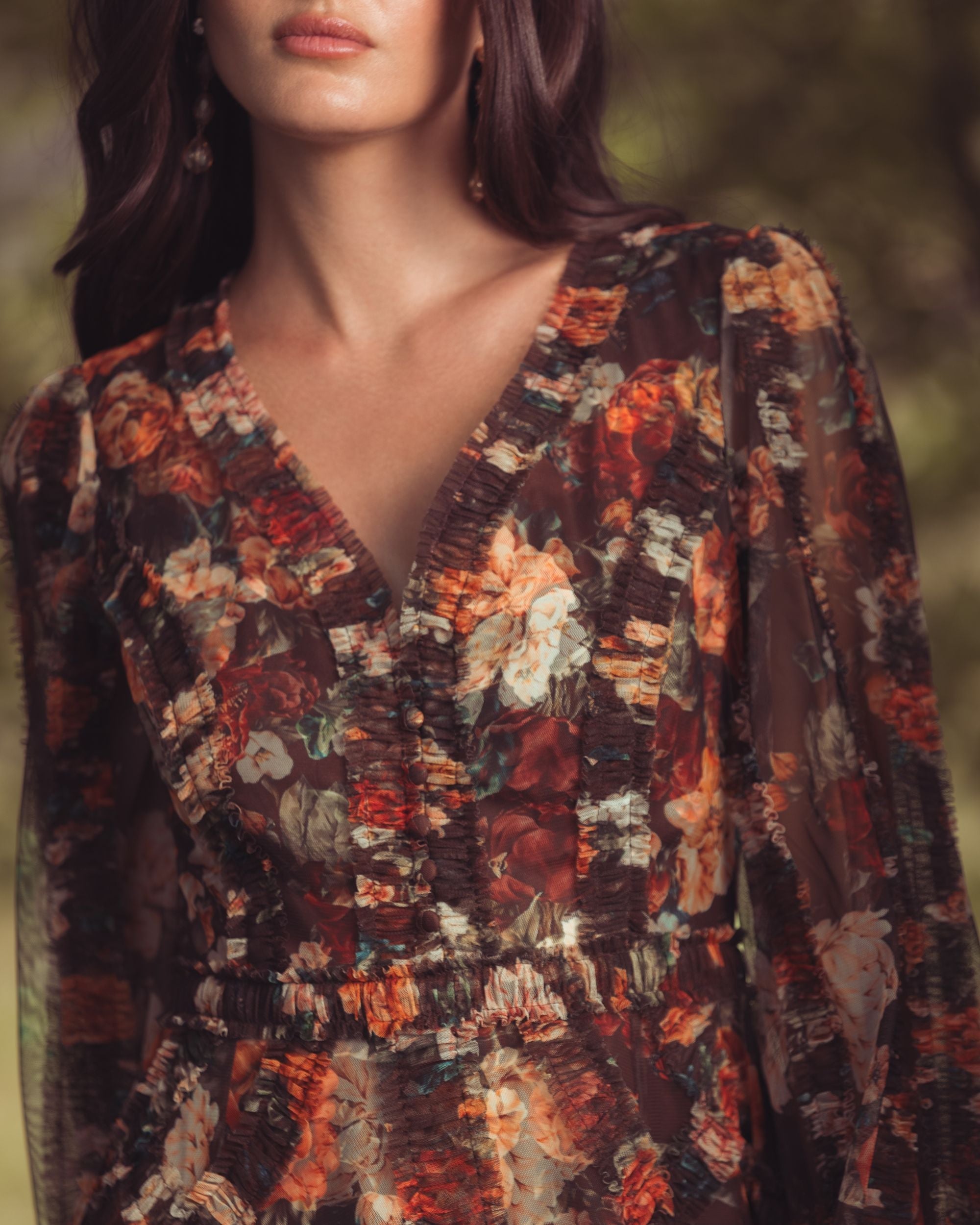 Floral Long Sleeve Mirco Ruffle Midi Dress