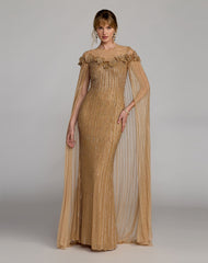 Gold Hand Beaded Floral Gown With Cape