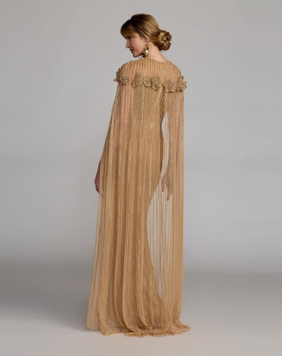 Gold Hand Beaded Floral Gown With Cape