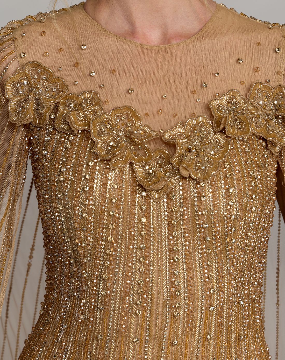 Gold Hand Beaded Floral Gown With Cape