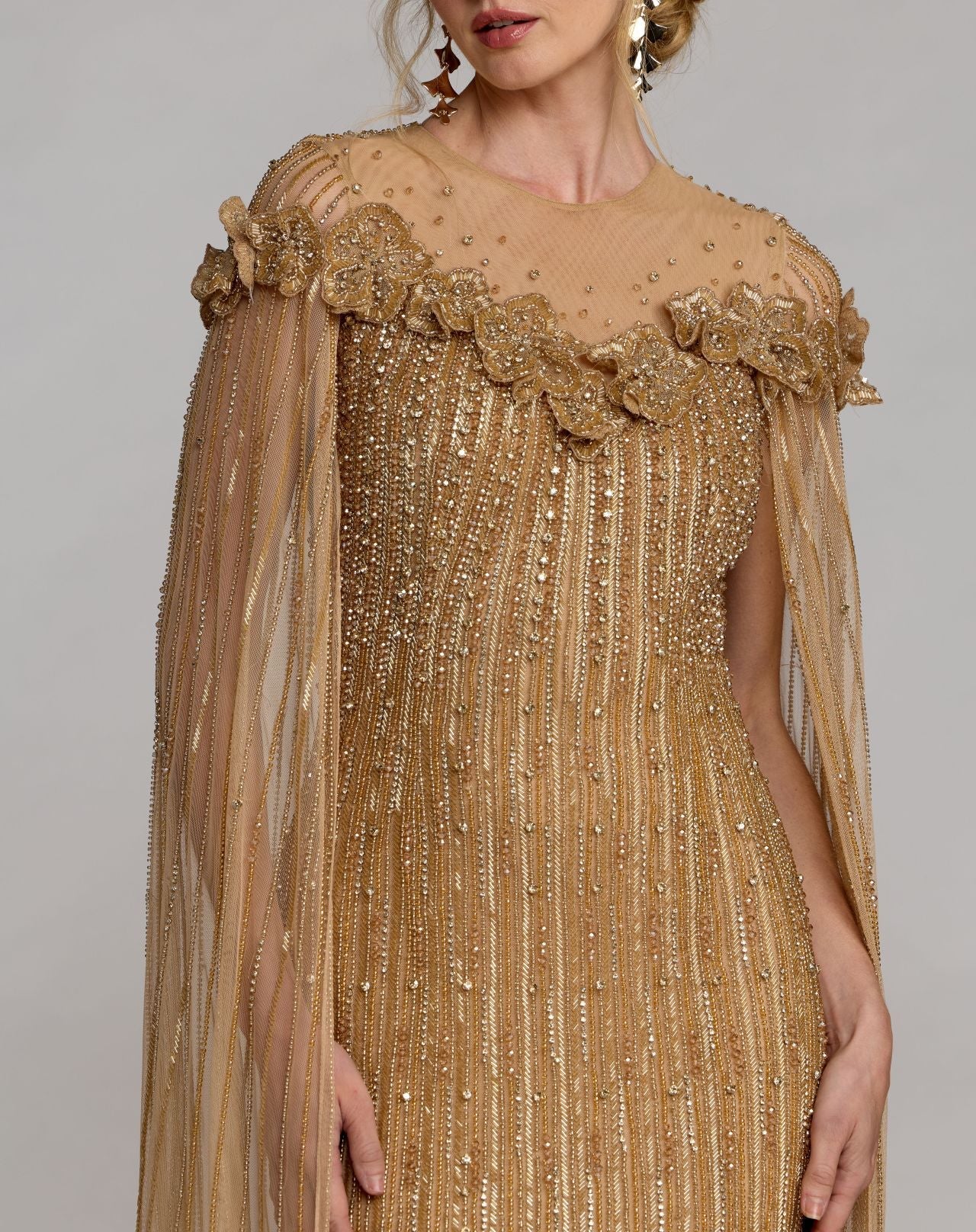 Gold Hand Beaded Floral Gown With Cape
