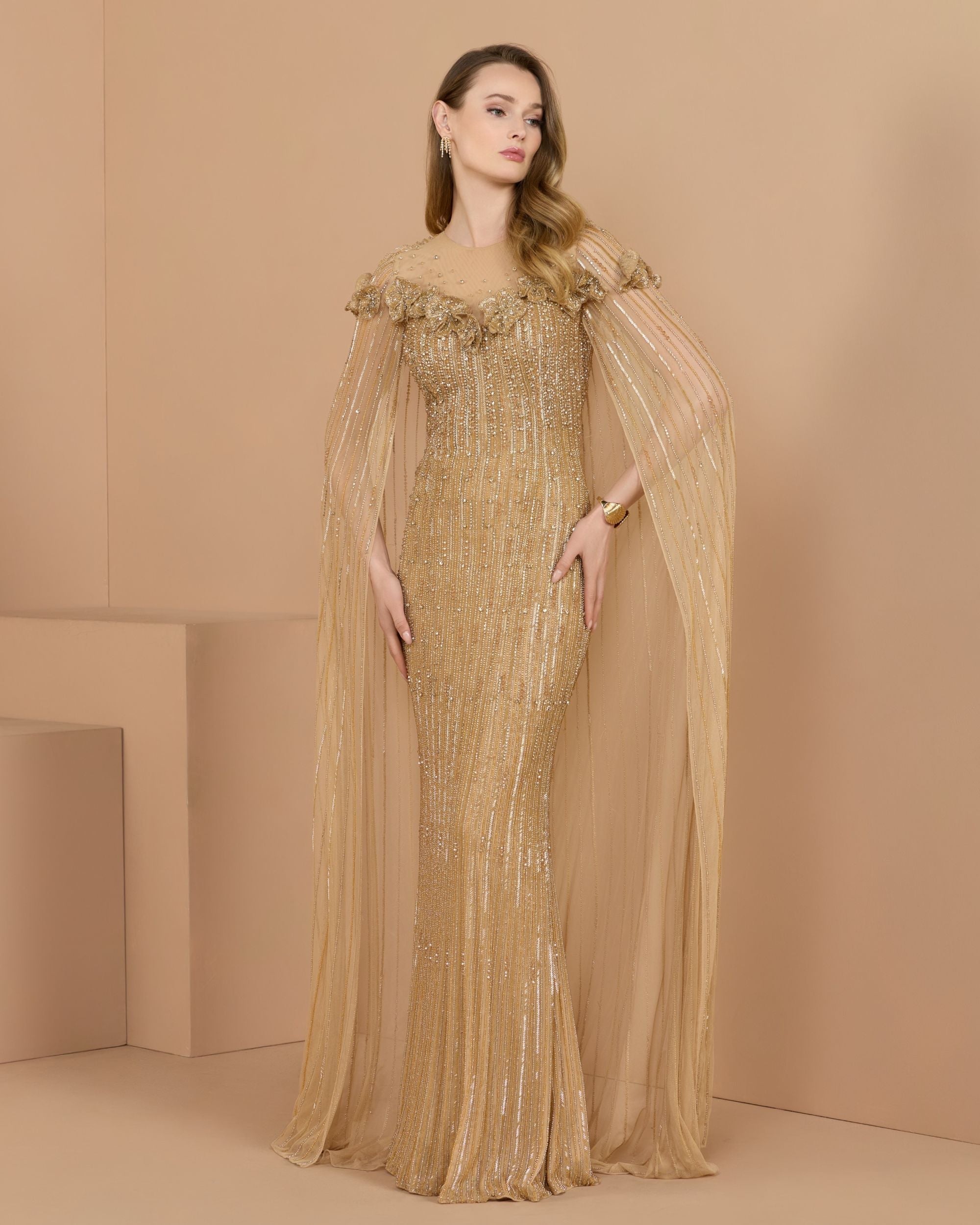 Gold Hand Beaded Floral Gown With Cape