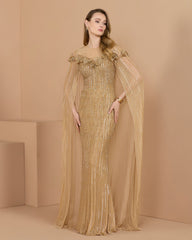 Gold Hand Beaded Floral Gown With Cape
