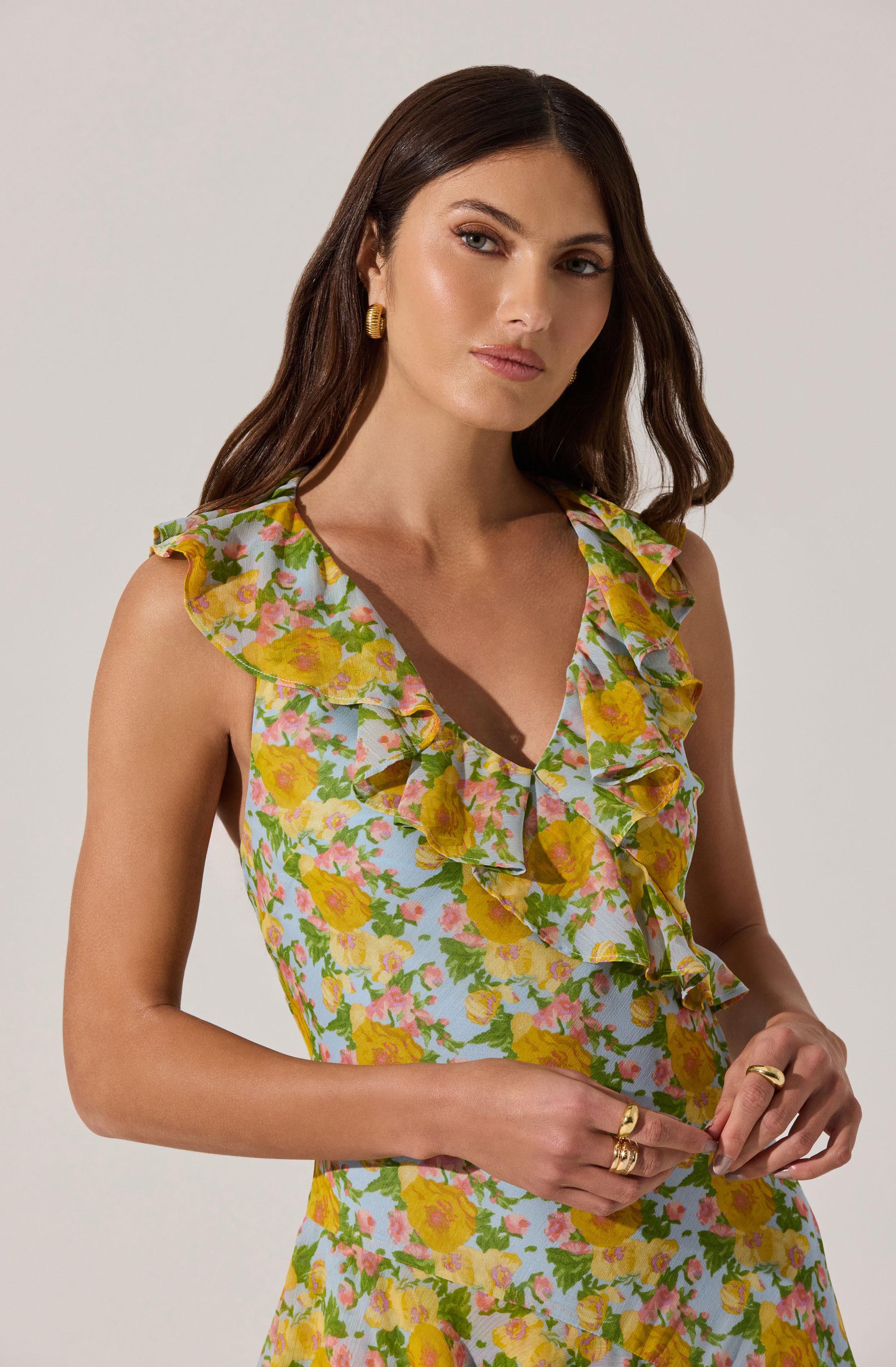 Lbruh V-neck Floral Ruffle Midi Dress