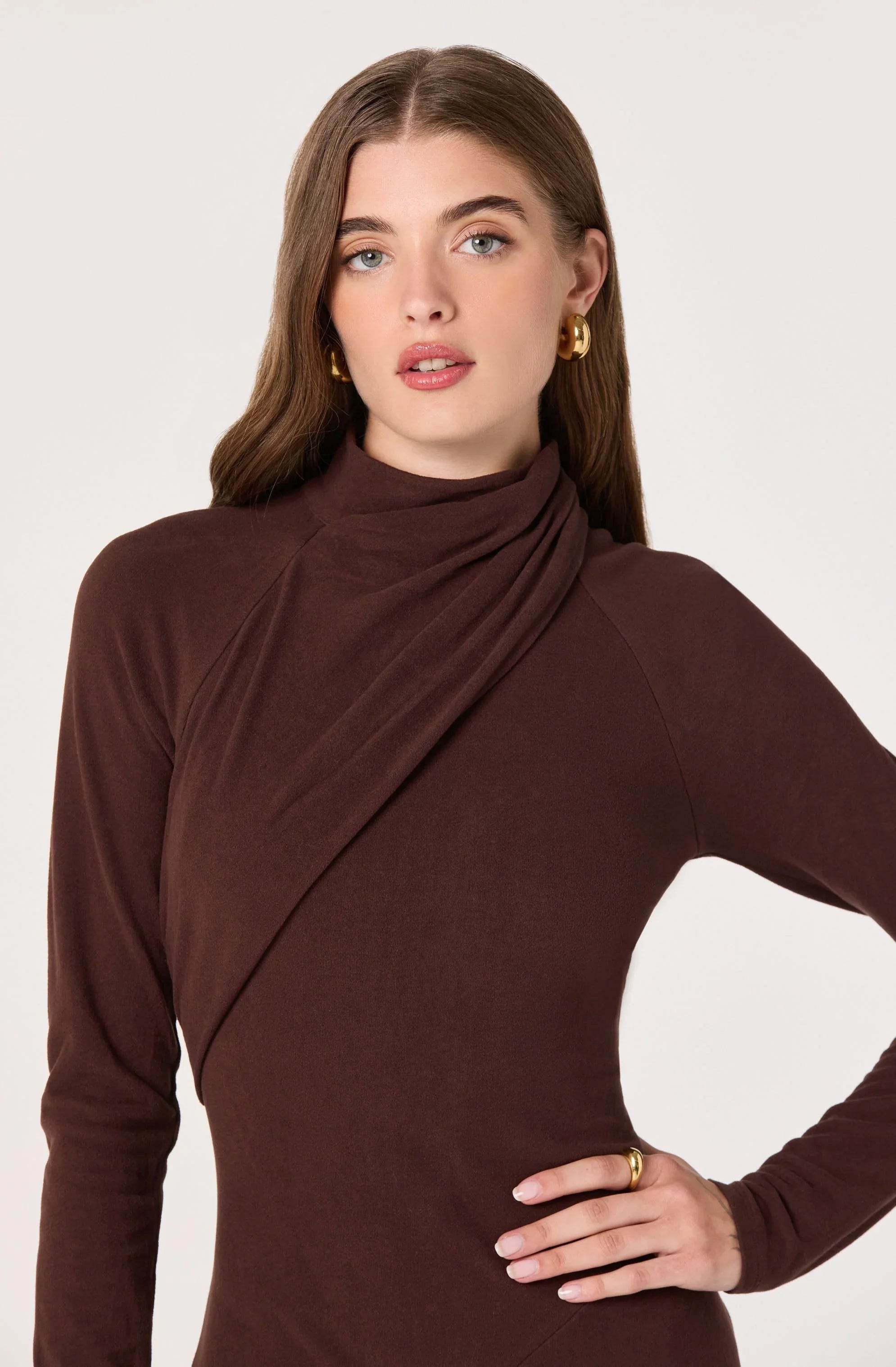 Lbruh Asymmetric Draped Mock Neck Midi Dress