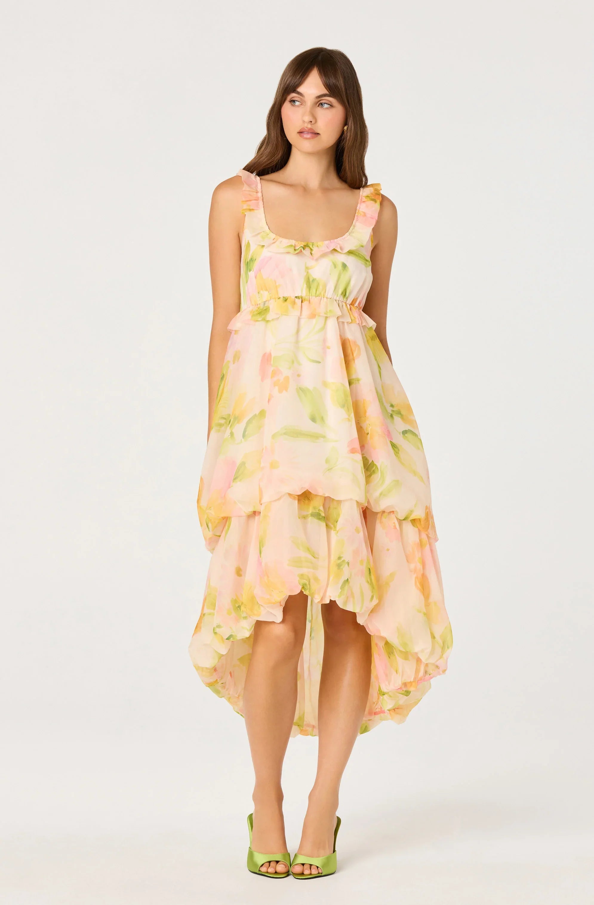 Inixyf Serenidy Floral Ruffle Tiered High-Low Midi Dress