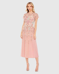 Pink Embellished Illusion High Neck Butterfly Sleeve Midi Dress