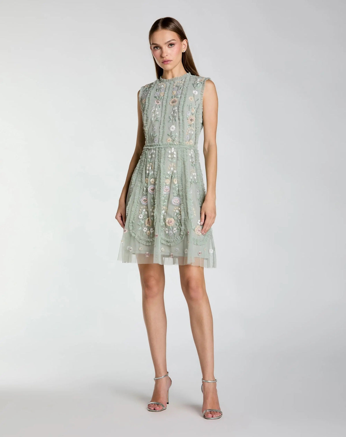 Sleeveless High Neck Embroidered Mini Dress