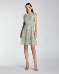 Sleeveless High Neck Embroidered Mini Dress
