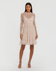 Light Pink Sheer Long Sleeve Embellished Mini Dress
