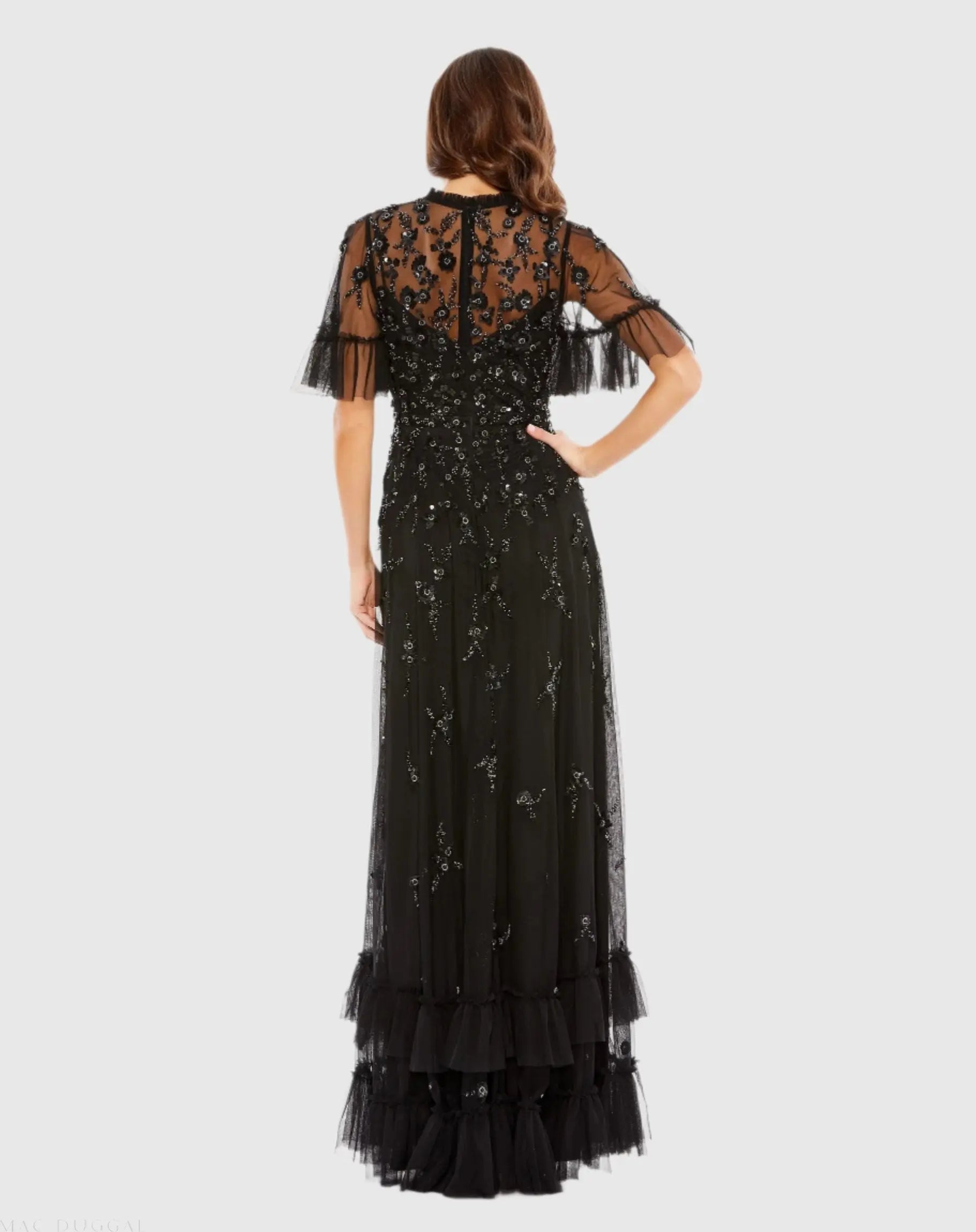 Black Floral Embellished Flutter Sleeve A-Line Gown