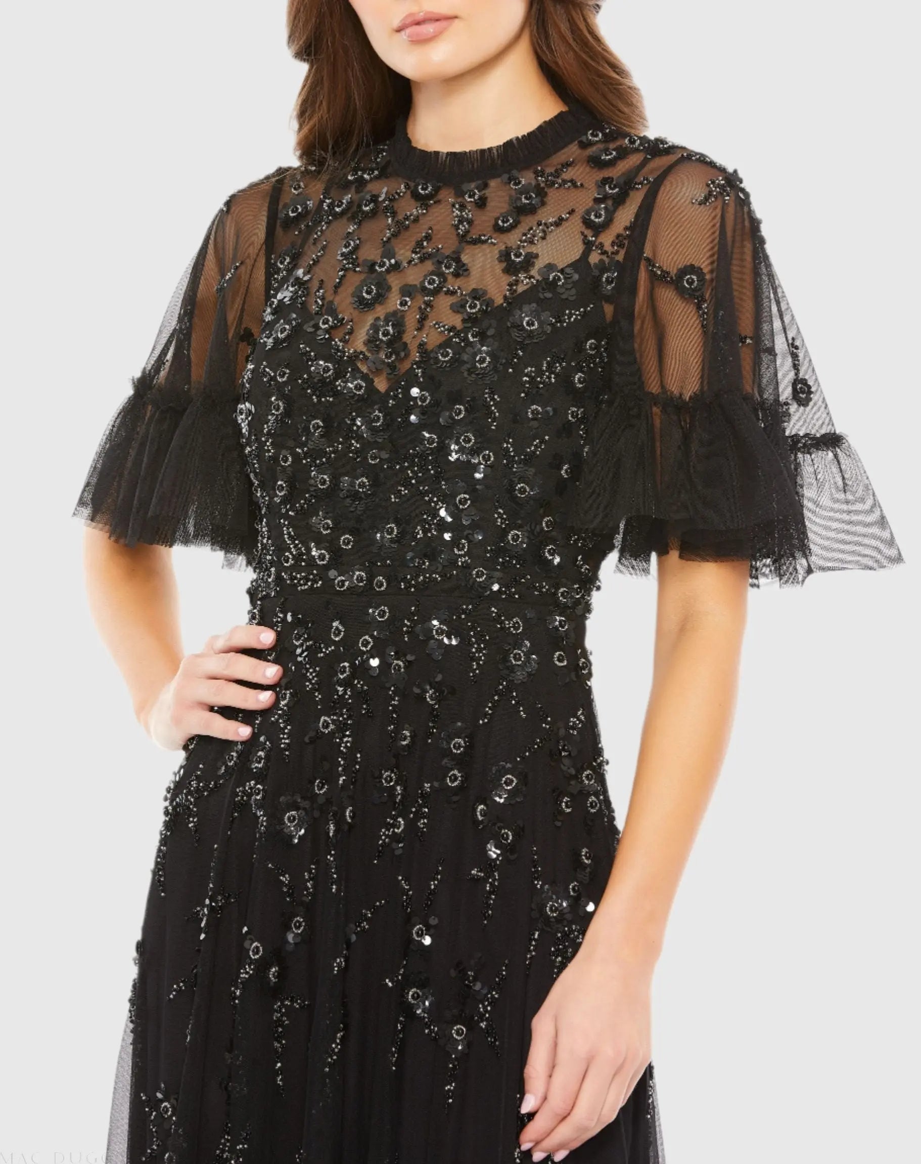 Black Floral Embellished Flutter Sleeve A-Line Gown