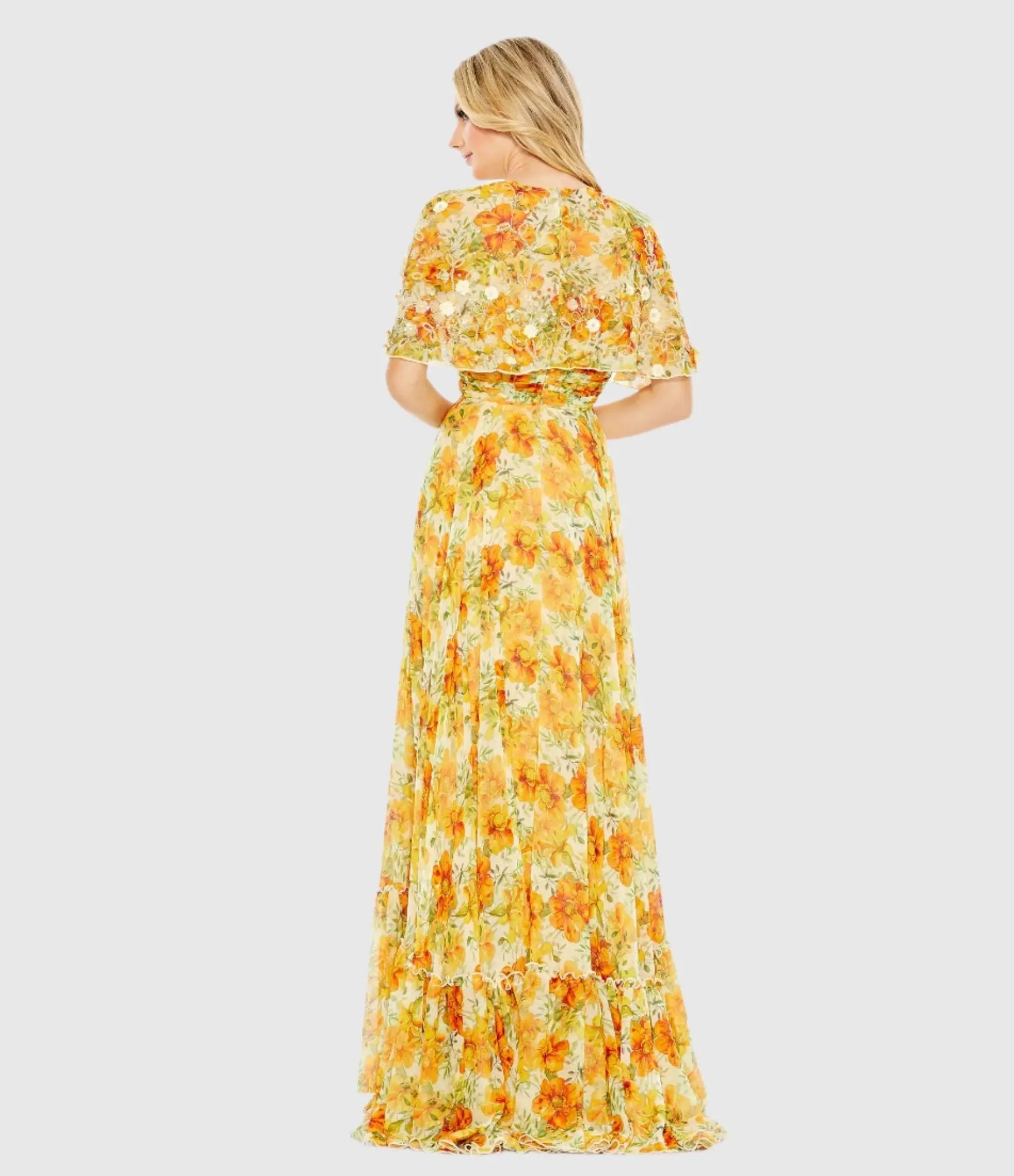 Yellow High Neck A-Line Floral Gown with Cape Sleeves - FINAL SALE