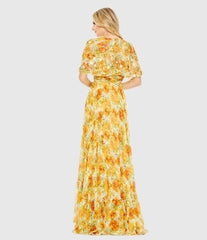 Yellow High Neck A-Line Floral Gown with Cape Sleeves - FINAL SALE