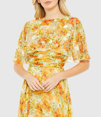 Yellow High Neck A-Line Floral Gown with Cape Sleeves - FINAL SALE