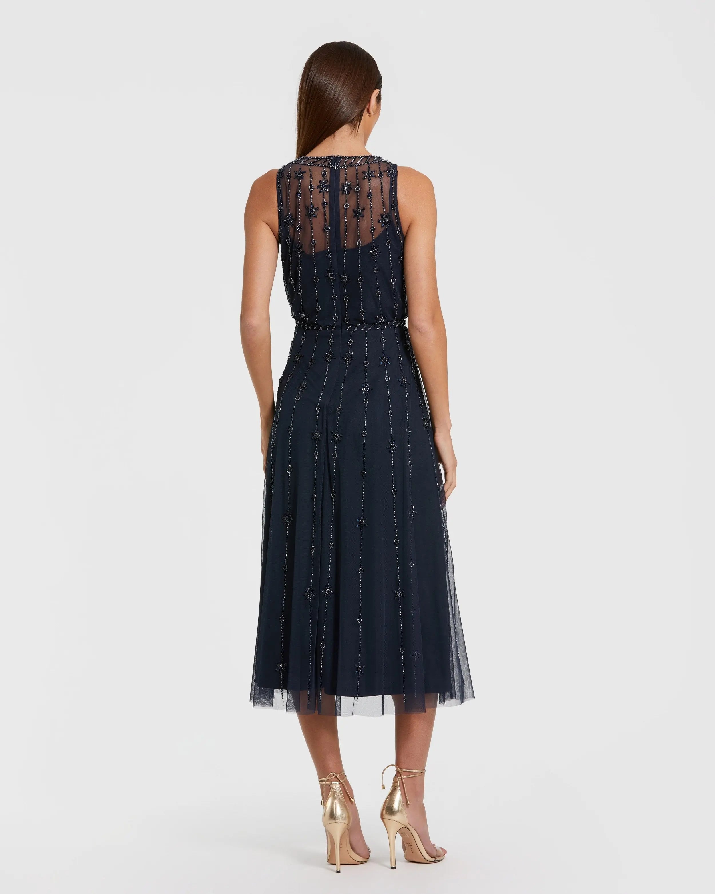 Navy High Neck Sleeveless Embellished A Line Cocktail Dress
