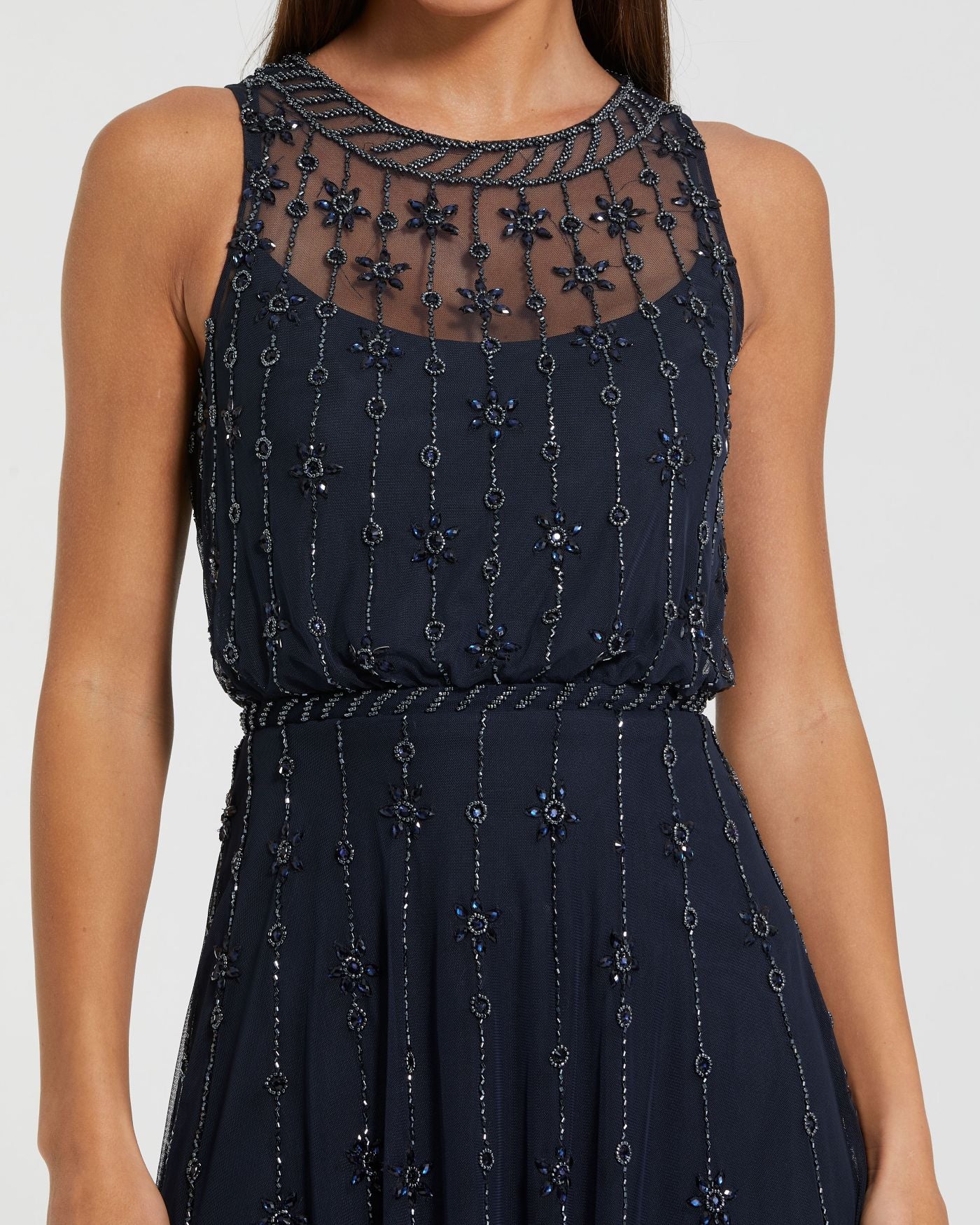 Navy High Neck Sleeveless Embellished A Line Cocktail Dress
