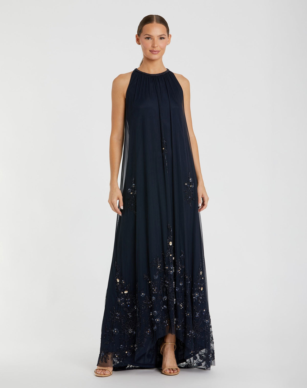 Navy High Neck Floral Embellished Trapeze Gown