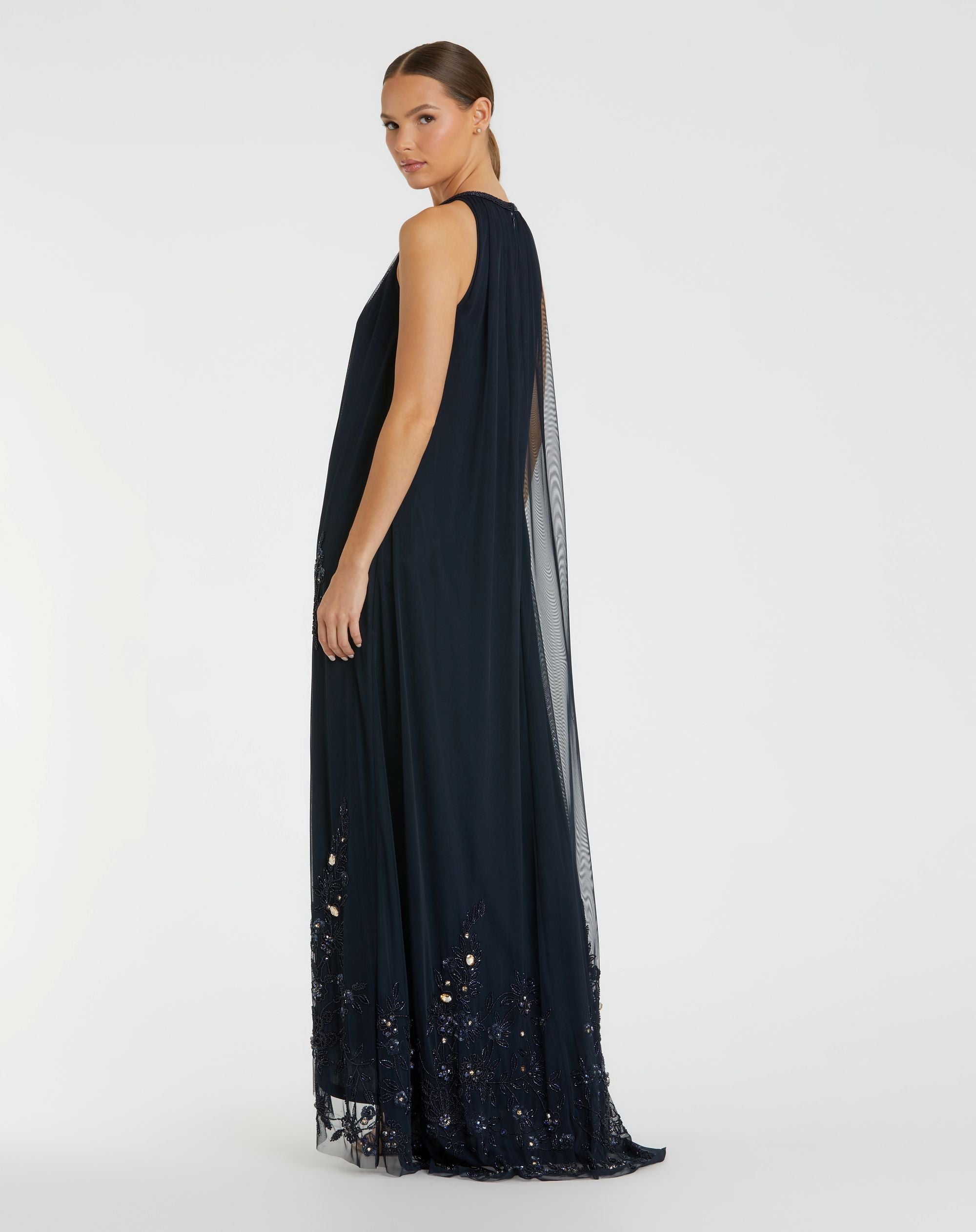 Navy High Neck Floral Embellished Trapeze Gown