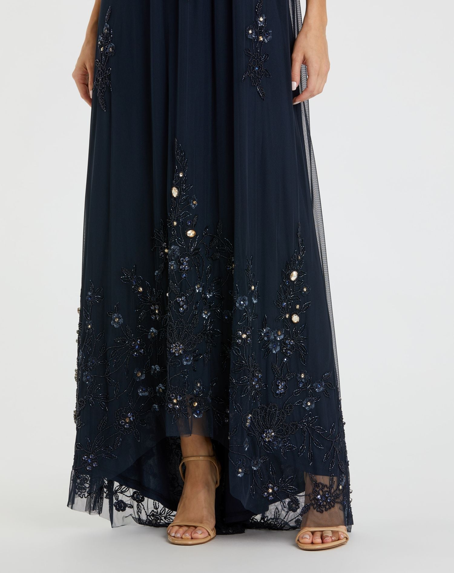 Navy High Neck Floral Embellished Trapeze Gown