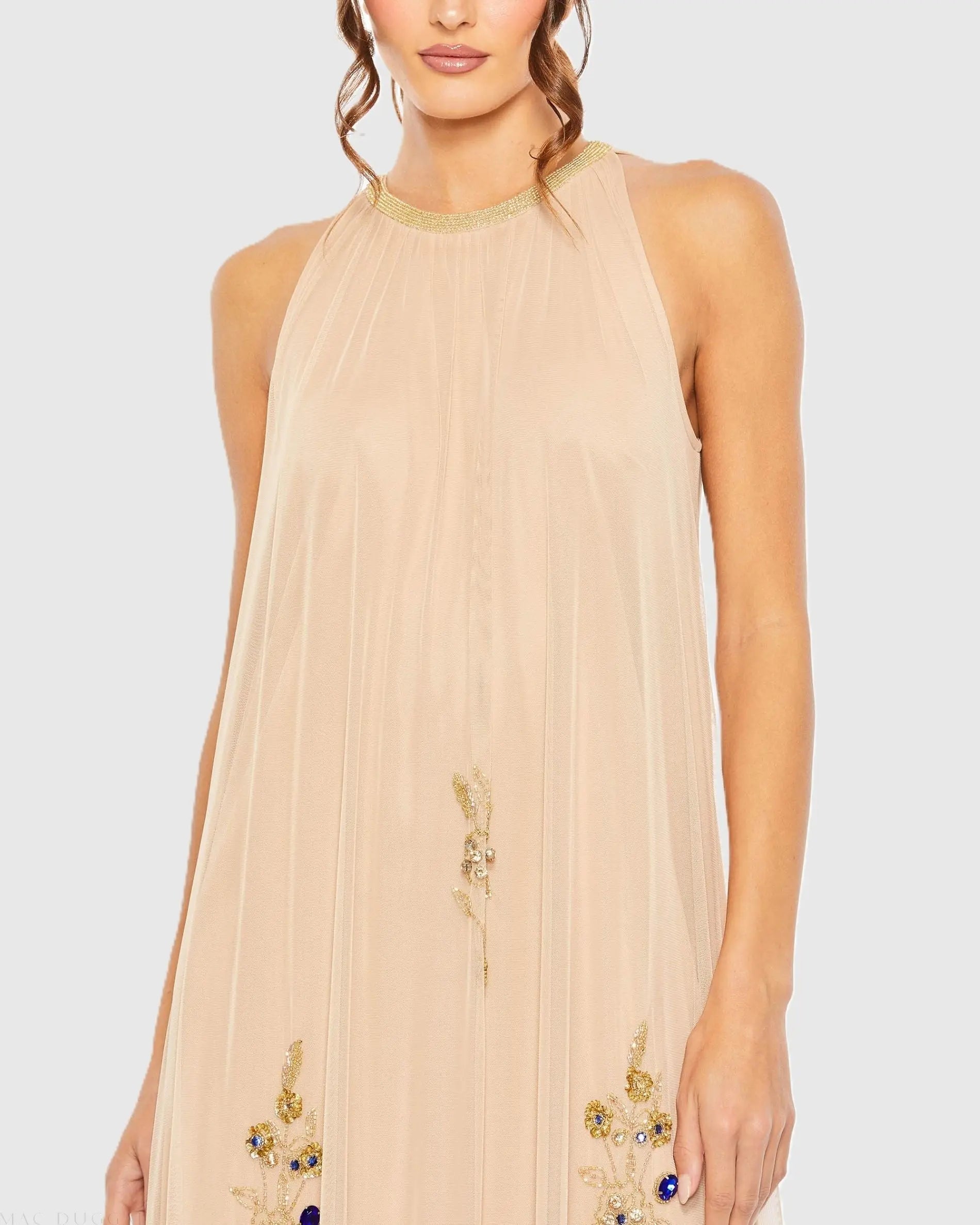 Beige High Neck Floral Embellished Trapeze Gown