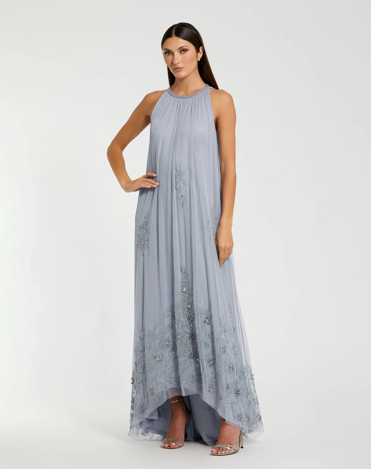 High Neck Floral Embellished Trapeze Gown