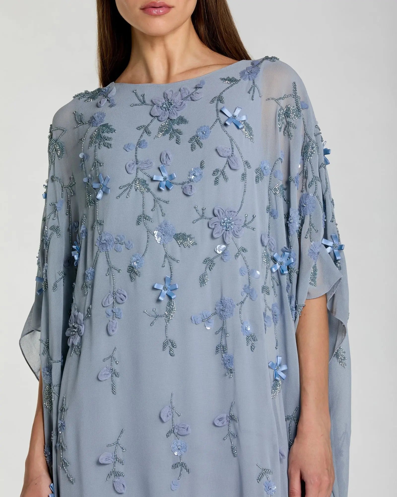 Blue Floral Embellished Kaftan Gown