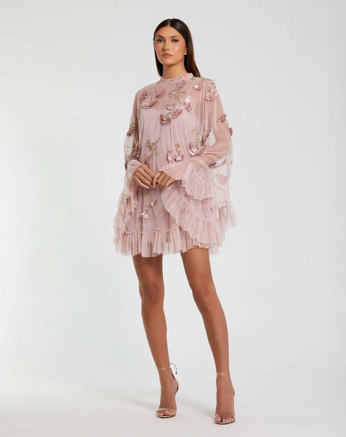 Embellished Long Flare Sleeve Mesh A-Line Dress