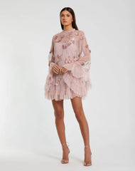Embellished Long Flare Sleeve Mesh A-Line Dress