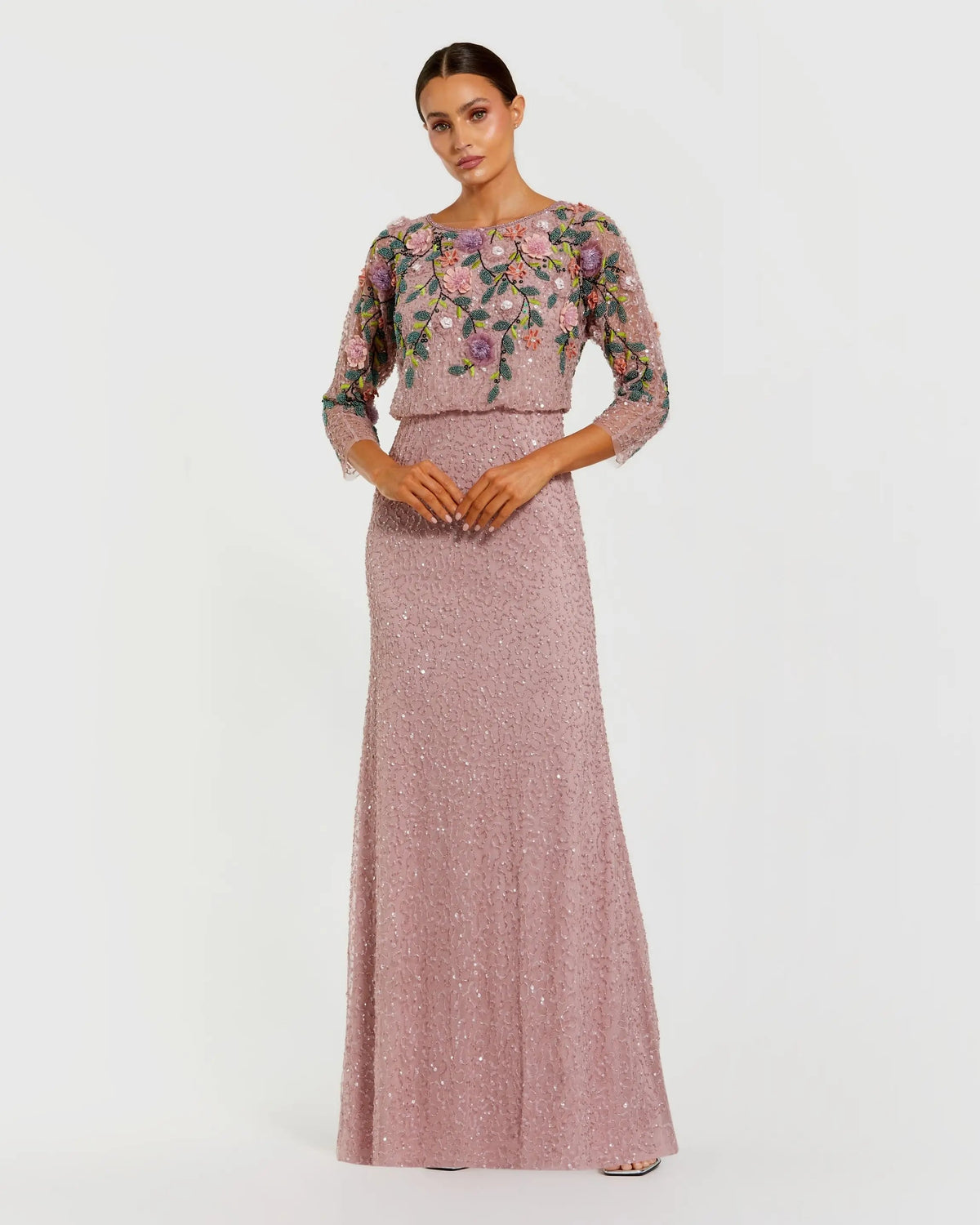Purple Floral Embellished Long Sleeve Gown