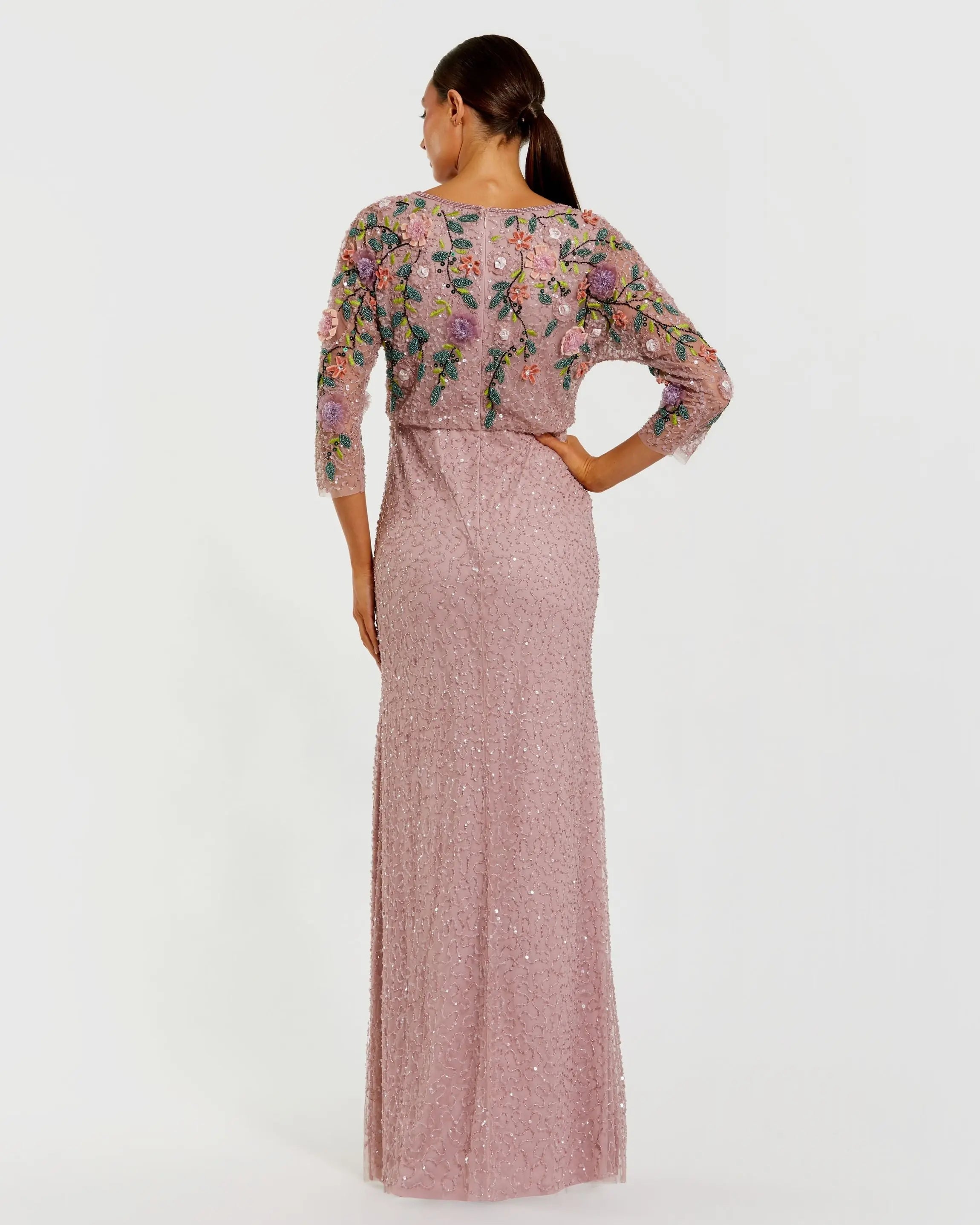 Purple Floral Embellished Long Sleeve Gown