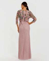 Purple Floral Embellished Long Sleeve Gown