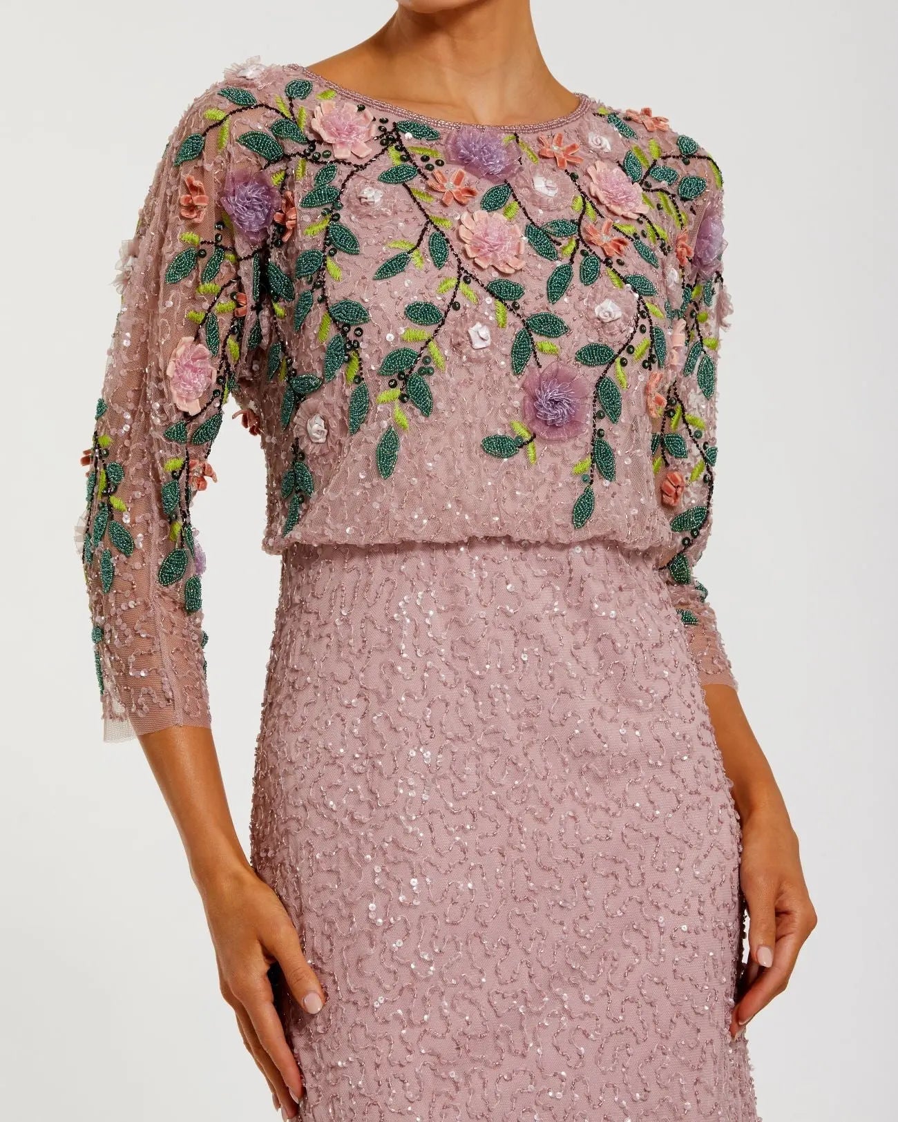 Purple Floral Embellished Long Sleeve Gown