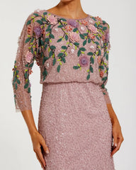 Purple Floral Embellished Long Sleeve Gown