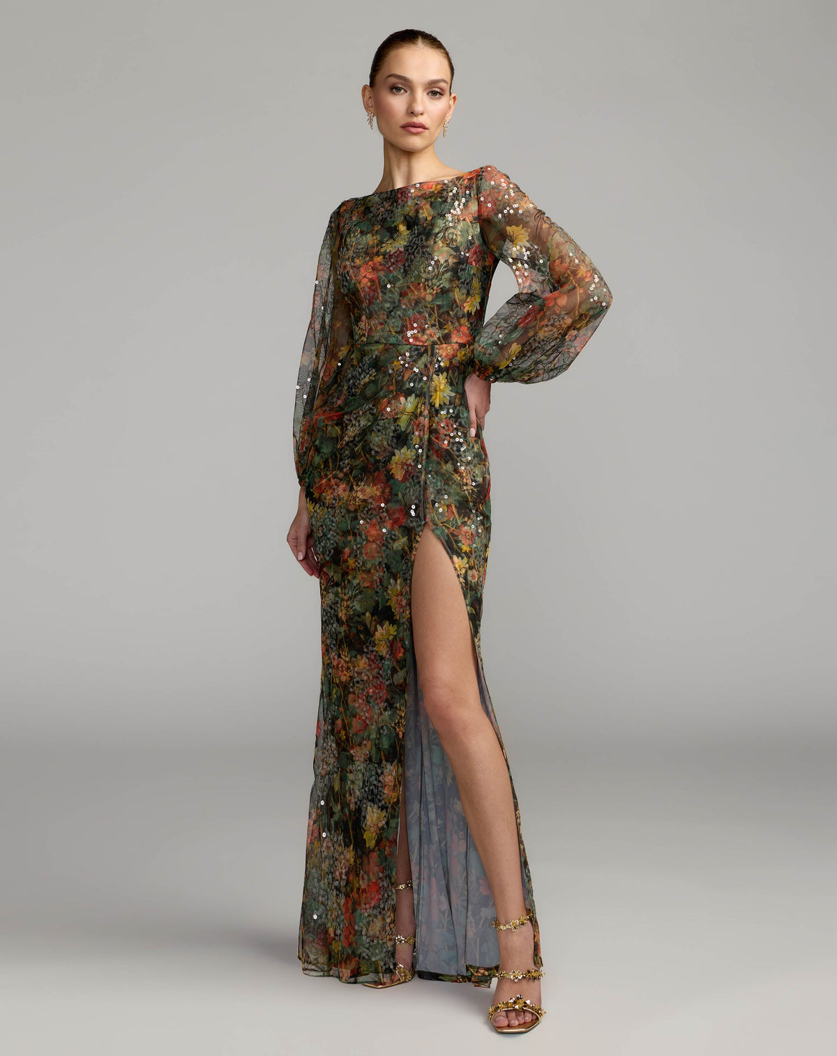 Black Multicolor Floral Sequined Puff Sleeve Gown